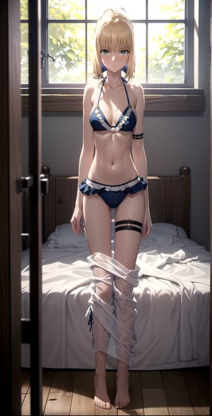 //Quality,
masterpiece, best quality
,//Character,
1girl, solo
,//Fashion,
,//Background,
collarbone, (indoors, window, wooden floor, bed), 
,//Others,
,phSaber, phAltoria, blue micro_bikini, thigh_straps, hair down, blurry, frills, closer_view, looking-at-viewer