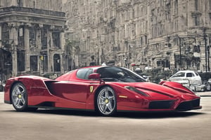 photo of a red enzo ferrari parked in a city, front view, realistic, glossy