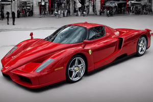 photo of a red enzo ferrari parked in a city, front view, realistic, glossy