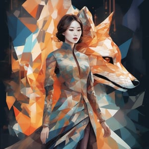 ((perfect Korean girl)) cubist artwork Shaped splash flow flaming fox out control in Night streets, mythical guardian of the alleys made with bones and rocks, . geometric shapes, abstract, innovative, revolutionary, Broken Glass effect, no background, stunning, something that even doesn't exist, mythical being, energy, molecular, textures, iridescent and luminescent scales, breathtaking beauty, pure perfection, divine presence, unforgettable, impressive, breathtaking beauty, Volumetric light, auras, rays, vivid colors reflects