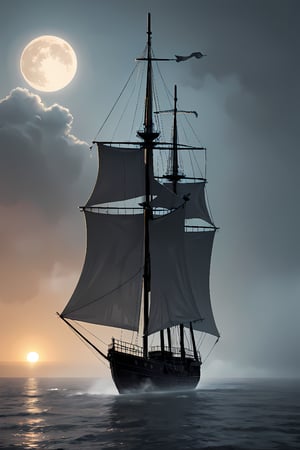 A mist-shrouded moon casts an eerie glow on a ghostly pirate ship, weathered sails and skeletal crew visible amidst swirling fog. Framed by the dark, mysterious atmosphere, the ship's spectral presence is hauntingly emphasized, with wispy tendrils of fog curling around its ethereal hull.