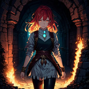 Anime girl with vibrant hair and expressive eyes, wandering through a mysterious dungeon. The scene is illuminated by flickering torchlight, casting eerie shadows on the ancient stone walls. She's dressed in a fantasy-themed outfit, equipped with a small backpack and a glowing amulet. The composition captures her curious yet cautious expression as she navigates the labyrinthine corridors, with intricate carvings and hidden doors adding to the enigmatic atmosphere. The framing focuses on her exploration, with the dungeon's vastness hinted at by the vanishing point in the distance.