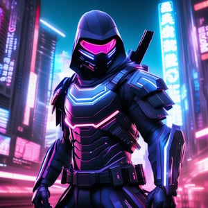 A futuristic ninja, clad in sleek, high-tech armor with glowing neon accents, stands poised in a dynamic pose. The scene is set in a neon-lit urban landscape, with holographic billboards and flying vehicles in the background. The ninja's face is partially obscured by a digital visor, reflecting the city lights. The lighting is dramatic, casting sharp shadows and highlighting the intricate details of the armor. The composition is balanced, with the ninja positioned at the center, ready for action.