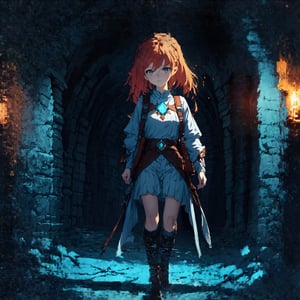 Anime girl with vibrant hair and expressive eyes, wandering through a mysterious dungeon. The scene is illuminated by flickering torchlight, casting eerie shadows on the ancient stone walls. She's dressed in a fantasy-themed outfit, equipped with a small backpack and a glowing amulet. The composition captures her curious yet cautious expression as she navigates the labyrinthine corridors, with intricate carvings and hidden doors adding to the enigmatic atmosphere. The framing focuses on her exploration, with the dungeon's vastness hinted at by the vanishing point in the distance.