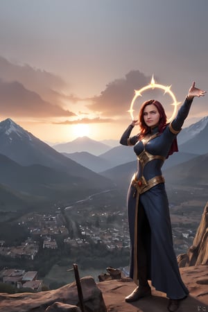 A celestial figure clad in shimmering robes stands atop a mountain peak at dusk, with clouds of apocalyptic orange and crimson hues gathering behind. The messenger's arms outstretched, palms facing the heavens as they gaze down upon the mortal realm below. A halo of golden light surrounds their head, illuminating their solemn expression. In the distance, cities and towns are shrouded in a thick, gray mist, symbolizing the impending doom.,renaissance,photorealistic