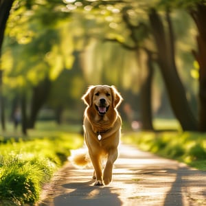 A candid shot capturing a golden retriever walking towards the camera in a lush park. The dog's fur glistens in the sunlight as it approaches with a friendly demeanor. The iPhone's lens focuses on the retriever's expressive eyes and wagging tail, creating a warm and inviting atmosphere. The park's greenery provides a natural backdrop, with dappled sunlight filtering through the trees. The composition is centered on the dog, with a slight leading line created by the path it walks, drawing the viewer's eye forward.