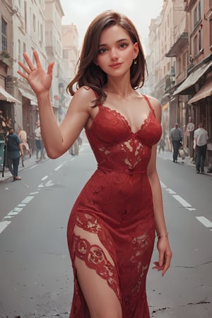 score_9, score_8_up, score_7_up, source_real, a woman, wearing a red lace dress, waving to the viewer