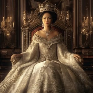 A regal, old-world portrait of a queen, captured in a grand, opulent setting. The queen is seated on a luxurious throne, adorned in an elaborate gown with intricate embroidery and a regal crown. Her pose is composed and dignified, with a serene yet commanding expression. The lighting is soft and regal, accentuating the rich textures of her attire and the opulent surroundings. The composition is centered, with a lavish, ornate background that reflects her high status and timeless elegance.