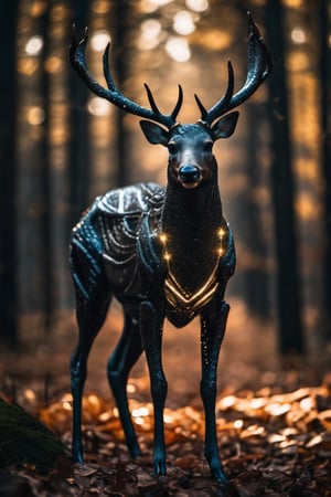 Portrait, RAW photo with an evil alien deer, amazing carbon fiber armor, dark forest, sparkles, bokeh, DOF, DSLR, perfection, art, emotion, 4k, centered