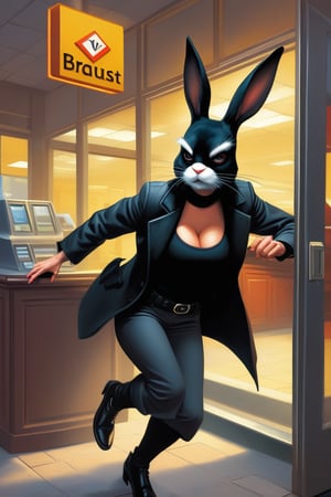 a dumb gross rabbit woman thief robs a bank wearing a black mask, security trying to catch her, safety and trust, gas, steam, detailed, best quality, amazing composition, 12k resolution, by Scott Naismith and Alex Ross