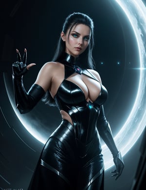 she is a cute villain,  radiations, beautiful shapes, death, danger, super powers, bad ass pose, science fiction, 8k, sophisticated+++, plunging neckline, HDR, fantasy, super sharp+, ultra focus+, atmospheric lighting, cinematic composition, hyper detailed, immersive background