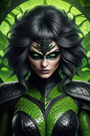 bad ass portrait of a beautiful reptilian woman, full reptilian skin, sharp eyes, Upper body, (mysterious, dark), best pose, black and green, beautiful shapes, gorgeous fantasy background, (black flowers), centered, 8k, extreme details, Full HD, digital art, art, HQ, trending on artstation, super sharp focus, studio photo