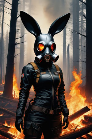 portrait of a dumb bunny woman in the middle of a circle of fire in a dead forest, wearing a black gas mask, curvy, gas, steam, detailed, best quality, amazing composition, intricate, 12k resolution, by Scott Naismith and Alex Ross and Russ Mills