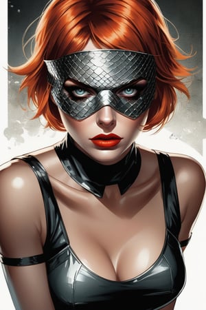 Stunning portrait of a beautiful rusty android woman with short bob hair and (fish scales), (((blindfolded))), in a prison cell, sharp eyes, cute nose, big natural lips, detailed, best quality, amazing composition, 12k resolution, art by Alex Ross and Russ Mills and Akihiko Yoshida