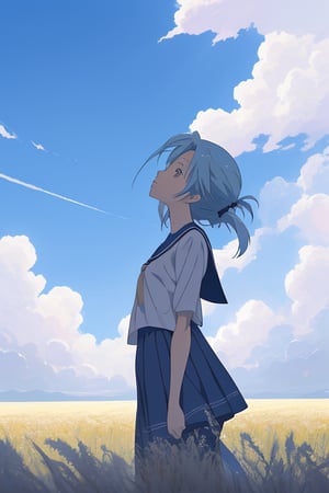 an anime girl looking at the sky, cloudy,blue sky, in the middle of the field