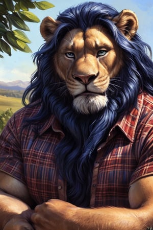 Solo,anthro, male, stocky lion, (brown fur:1.2), mature male, musclegut, hairy arms, (dark blue long hair:1.3),(blue long beard:1.3), (eye scar, pink nose), blue eyes, facial hair, whiskers, (lion tail) ,detailed eyes, detailed clothing, hairy chest,red open plaid shirt,big belt, blue dress pants, boots,(by bruteandbrawn, by personalami, by kenket), (intricate, high detail, film photography, soft focus, RAW candid cinema, photorealism, realistic, photorealistic, analog style, subsurface scattering, masterpiece, best quality, ultra realistic, 8k)
