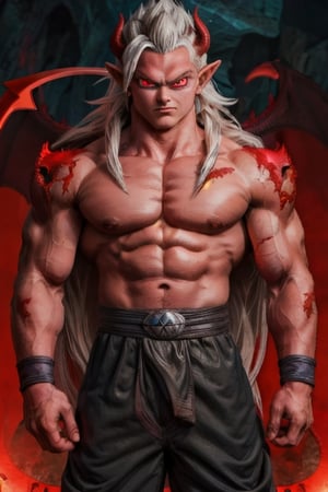 25yo men, handsome, (small horns on the foreheads), (very long hair:1.9), two-toned hair, looking at viewer, male focus, (pectorals:1.9), solo, spiked brown hair, topless male, upper body, (red demon eyes:1.9), very muscular, very small elf ears, hairy brown body, hairy brown body, almost naked, leather thong

masterpiece, best quality, highly detailed background, perfect lighting, best quality, cave background,Super_Saiyan_5_Goku