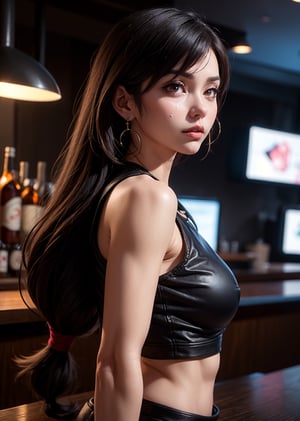 upper body, close up shot, from side, 1_girl, cyberpunk, shot, scene, Tifa Lockheart, Final Fantasy 7 game, dark hair, pink lips, neck bone, red eyes, black ripped leggings, midnight, at a bar background, sexy pose, erotic pose, sweating, tifa lockhart, abs, sleeveless white top that exposes her midriff, a black miniskirt, and a white teardrop earring on her left ear, straps