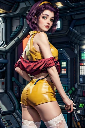 faye valentine, masterpiece , best quality, from cowboy bebop, perfect body, in a spaceship, space background, chin-length angular dark purple hair, green eyes, tall, slender, pale skin, yellow shorts, matching buttoned shirt, white ankle boots, fesh colored stockings, loose red jacket, upper body, pov_eye_contact, happy, smiling