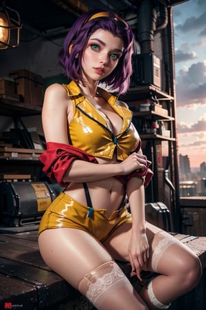 masterpiece, best quality, (detailed background), (beautiful detailed face, beautiful detailed eyes), absurdres, highres, ultra detailed, masterpiece, best quality, detailed eyes, faye valentine, from cowboy bebop, sunset, futuristic city background, chin-length angular dark purple hair, green eyes, tall, slender, pale skin, yellow shorts, matching buttoned shirt, white ankle boots, flesh-colored stockings, loose red jacket. frame photo, upper body, looking_at_viewer, crossed_legs_(sitting)