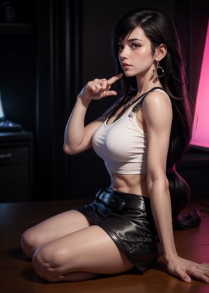 Maximum Quality, full body, from side, looking at viewer, portrait, 1_girl, cyberpunk, neon lights, Tifa Lockheart, Final Fantasy 7 game, dark hair, pink lips, neck bone, red eyes, midnight, at the club background, Alluring, sexy pose, erotic pose, seductive pose, sweating, tifa lockhart, marked abs, sleeveless white crop top, exposed midriff, black miniskirt, white teardrop earring on her left ear, blush, belt, straps, close-fitting clothing, against_surface, lying down, kinky