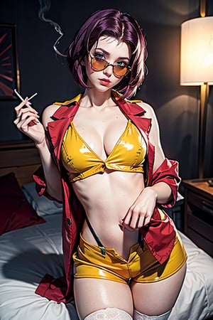 masterpiece, best quality, (detailed background), (beautiful detailed face, beautiful detailed eyes), absurdres, highres, ultra detailed, masterpiece, best quality, detailed eyes, faye valentine, from cowboy bebop, sunset, futuristic bedroom background, chin-length angular dark purple hair, green eyes, tall, slender, pale skin, yellow shorts, matching buttoned shirt, white ankle boots, flesh-colored stockings, loose red jacket, upper body, medium breast, looking_at_viewer, serious, legs_open, smirk, kinki, close up shot, with black square sun glasses, smoking, erotic pose, laying_on_bed