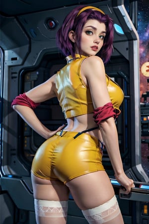 faye valentine, masterpiece , best quality, from cowboy bebop, perfect body, in a spaceship, space background, chin-length angular dark purple hair, green eyes, tall, slender, pale skin, yellow shorts, matching buttoned shirt, white ankle boots, flesh-colored stockings, loose red jacket. frame photo, upper body, looking_at_viewer, bending back, lying down