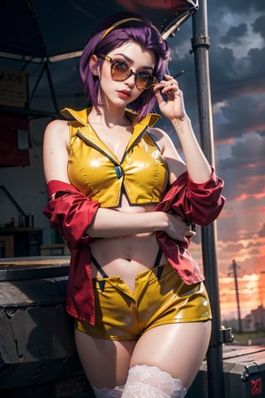 masterpiece, best quality, (detailed background), (beautiful detailed face, beautiful detailed eyes), absurdres, highres, ultra detailed, masterpiece, best quality, detailed eyes, faye valentine, from cowboy bebop, sunset, futuristic city background, chin-length angular dark purple hair, green eyes, tall, slender, pale skin, yellow shorts, matching buttoned shirt, white ankle boots, flesh-colored stockings, loose red jacket, upper body, looking_at_viewer, serious, closed, smirk, kinki pose, close up shot, with black sun glasses, smoking cigar