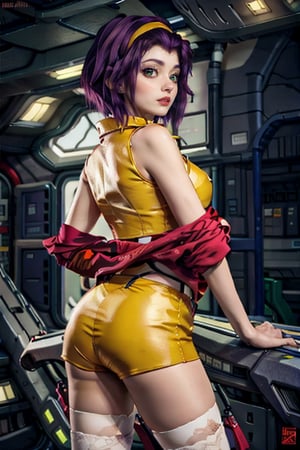 faye valentine, masterpiece , best quality, from cowboy bebop, perfect body, in a spaceship, space background, chin-length angular dark purple hair, green eyes, tall, slender, pale skin, yellow shorts, matching buttoned shirt, white ankle boots, fesh colored stockings, loose red jacket, upper body, looking_at_viewer, bending back, close up, frame photo, sexy pose,colorful_girl_v2