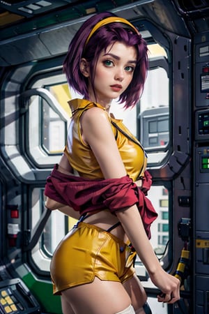 faye valentine, masterpiece , best quality, from cowboy bebop, perfect body, in a spaceship, space background, chin-length angular dark purple hair, green eyes, tall, slender, pale skin, yellow shorts, matching buttoned shirt, white ankle boots, fesh colored stockings, loose red jacket, upper body, looking_at_viewer, close up