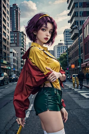 faye valentine, best quality, from cowboy bebop, perfect body, in a city, futuristic background, chin-length angular dark purple hair, green eyes, tall, slender, pale skin, yellow shorts, matching buttoned shirt, white ankle boots, fesh colored stockings, loose red jacket, upper body, from side,Rogue