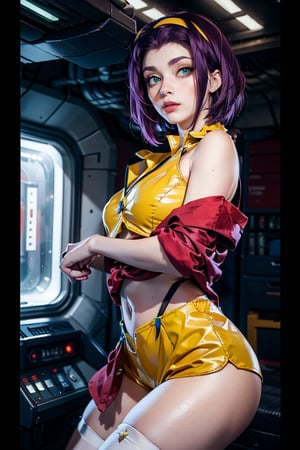 masterpiece, best quality, (detailed background), (beautiful detailed face, beautiful detailed eyes), absurdres, highres, ultra detailed, masterpiece, best quality, detailed eyes, faye valentine, from cowboy bebop, in a spaceship, space background, chin-length angular dark purple hair, green eyes, tall, slender, pale skin, yellow shorts, matching buttoned shirt, white ankle boots, flesh-colored stockings, loose red jacket. frame photo, upper body, looking_at_viewer