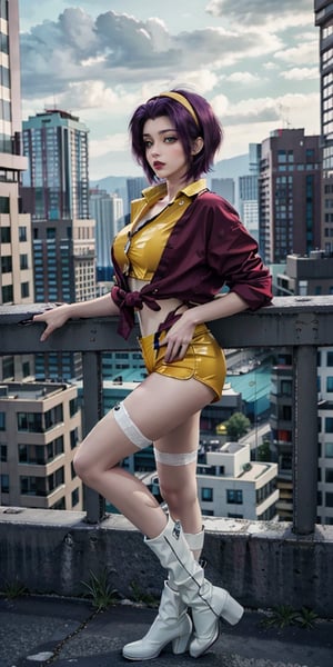 maximum quality, faye valentine, from cowboy bebop, perfect body, in a city, futuristic background, chin-length angular dark purple hair, green eyes, tall, slender, pale skin, yellow shorts, matching buttoned shirt, white ankle boots, fesh colored stockings, loose red jacket, upper body, from side,Rogue