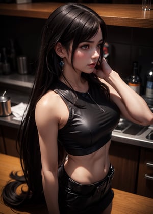 full  body, close up shot, overhead shot, from side, 1_girl, cyberpunk, shot, scene, Tifa Lockheart, Final Fantasy 7 game, dark hair, pink lips, neck bone, red eyes, midnight, at a bar background, Alluring, sexy pose, erotic pose, sweating, tifa lockhart, marked abs, sleeveless white crop top, exposed midriff, black miniskirt, and a white teardrop earring on her left ear, blush, 