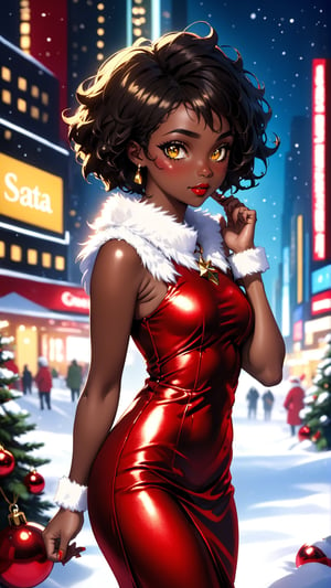 anitoon style, solo, dark skin, 1girl, yellow eyes, jewelry, black hair, short hair, dark-skinned female, makeup, lipstick, looking at viewer, curly hair, bare_top_velvet dress, santa costume, ring earing, gold neckless, gold buncles, fluffy fur dress, red dress, sleeveless, highneck, Times Square Garden, Night, Christmas, ,ral-chrcrts,christmas