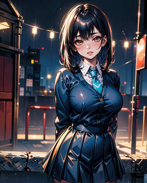 1girl, solo, medium hair, looking at viewer, bangs, large breasts, black hair, straight hair, brown eyes, standing with arms behind back, light blue collared shirt, long sleeve, cowboy shot, black formal tie, blue shirt, lips, black pleated skirt, makeup, girly style, school girl look, arms behind back, realistic, black skirt, in city, stanidng with arms behind back, busty, skinny, 