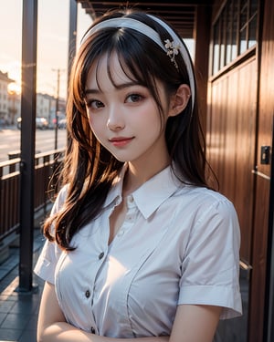 1girl, busty, high res, portrait, small round face, busty, bright smile, Korean hot model, 25yo, pale skin, black wavy hair, sunset, sunset scenery, wearing a french maid costume, cutefirlmix, ,Asian, 8k, medium quality, masterpiece, sharp focus, face focus, 