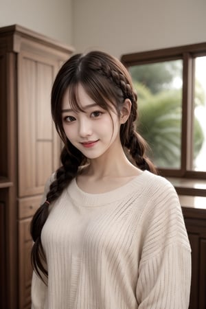 1girl, solo, long hair, looking at viewer, smile, bangs, brown hair, shirt, closed mouth, upper body, braid, indoors, black eyes, twin braids, sweater, realistic