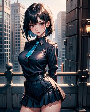 1girl, solo, medium hair, looking at viewer, bangs, large breasts, black hair, straight hair, brown eyes, standing with arms behind back, light blue collared shirt, long sleeve, cowboy shot, black formal tie, blue shirt, lips, black pleated skirt, makeup, girly style, school girl look, arms behind back, realistic, black skirt, in city, stanidng with arms behind back, busty, skinny, 