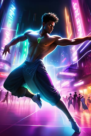 An electrifying scene of a futuristic metropolis at night, with neon lights creating a dazzling display of colors. The city is abuzz with activity, and the energy of the nightlife is palpable. The underground club, with its flickering neon signs, is the focal point of the scene. Inside, young black dancer Malik is performing an electrifying dance routine, his moves seamlessly blending with the pulsating rhythm of the music. His dedication and passion for dance are evident in every step, and his eyes are filled with determination. The renowned choreographer, intrigued by Malik's talent, observes him from a distance, ready to offer him the chance of a lifetime.