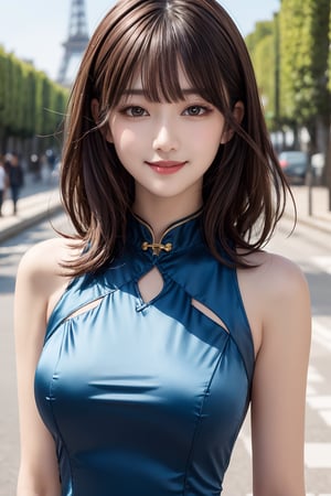 1girl, solo,medium hair, breasts, looking at viewer, smile, bangs, large breasts, light brown hair, brown eyes, closed mouth, blue satin cheongsam dress, upper body, frace, paris, , black eyes, lips, clothing cutout, realistic, V arms, 