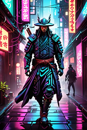 In the dystopian urban sprawl, envision a cybernetically enhanced street samurai, adorned in high-tech armor, striding through neon-lit alleyways. A cascade of shadows and vibrant lights plays upon the gleaming blades and cybernetic implants, defining a modern warrior's silhouette. Imagine the contrast of traditional samurai aesthetics seamlessly blended with futuristic cyberpunk elements, creating a visual narrative of resilience and adaptability amidst the chaos of the metropolis. This prompt invites the generation of a hyper-realistic image, encapsulating the essence of a street samurai navigating the gritty streets, a symbol of tradition and cutting-edge technology coexisting in a captivating amalgamation.,LegendDarkFantasy
