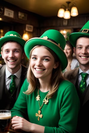 In a cozy Irish pub adorned with shamrocks and Guinness memorabilia, a group of friends gathers to celebrate St. Patrick's Day. Among them stands a captivating woman, dressed in vibrant green attire adorned with shamrocks and adorned with a jaunty hat bearing a sprig of clover. Her eyes sparkle with merriment as she raises a pint of dark stout in toast. The rustic ambiance of the pub provides the perfect backdrop for a portrait capturing the essence of the occasion. With warm lighting casting a golden glow, the camera captures her infectious smile and the camaraderie shared among friends on this festive day.