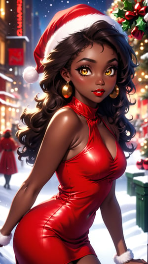 anitoon style, (santa in stone cave), realistic, fantasy, solo, dark skin, 1santa girl, 20yo, yellow eyes, jewelry, black hair, blowing long hair, dark-skinned stunnning  beauty female, busty, slender, makeup, lipstick, looking at viewer, curly hair, bare_top_velvet dress, santa costume, ring earing, gold neckless, gold buncles, fluffy fur dress, red dress, sleeveless, highneck, Times Square Garden, Night, Christmas, ,ral-chrcrts,christmas