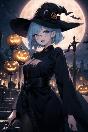 anime style portrait of a beautiful halloween glasses elder witch wearing (black magic robe), (fusion of black magic robe: and aodai:1.3), (black witch hat:1.2), futuristic_aodai, wearing a glasses:1.3, ((;D:1.3)), perfect face,perfect eyes,HD details,high details,sharp focus,studio photo,HD makeup,shimmery makeup,celebrity makeup,(( centered image)) (HD render)Studio portrait,magic, magical, fantasy, halloween, moon, jack-o' challenge, light-blue hair, short bob hair, bangs, arms behid back, Mechanical part, hallowenn town, trick or treet,  magic aura background, cute, spelling, under tree, ,Witchblade,teengirlmix,Moon Witch,Circle, halloween, 