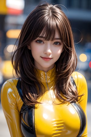 1girl, solo,medium hair, breasts, looking at viewer, smile, bangs, gigantic upturned breasts:1.9, light brown hair, brown eyes, closed mouth, yellow rider suit, full latex bodysuit, yellow theme, upper body, night museum, black eyes, lips, clothing cutout, realistic, V arms, ,1 girl