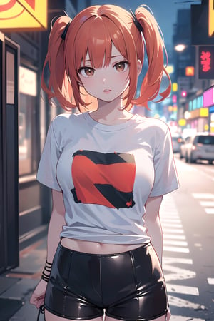 (masterpiece, top quality, best quality, official art, beautiful and aesthetic:1.2), hdr, high contrast, 1girl, solo, orange hair, two side up hair, looking at viewer, brown eyes, anime waifu, upper body, parted lips, busty, blurry, lips, film noir, fantasy, dynamic, standng with arms behind back, noir, mafia, yakuza, ((T shirt, leather shorts:1.4)),(urban theme:1.4), finger detailed, background detailed, ambient lighting, extreme detailed, cinematic shot, realistic ilustration, (soothing tones:1.3), (hyperdetailed:1.2), 