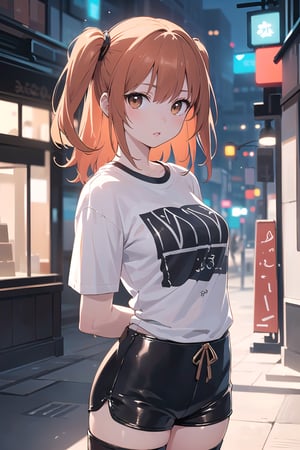 (masterpiece, top quality, best quality, official art, beautiful and aesthetic:1.2), hdr, high contrast, 1girl, solo, orange hair, two side up hair, looking at viewer, brown eyes, anime waifu, upper body, parted lips, busty, blurry, lips, film noir, fantasy, dynamic, standng with arms behind back, noir, mafia, yakuza, ((T shirt, leather shorts:1.4)),(urban theme:1.4), finger detailed, background detailed, ambient lighting, extreme detailed, cinematic shot, realistic ilustration, (soothing tones:1.3), (hyperdetailed:1.2), 