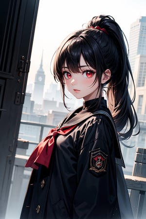 1woman,army woman, ponytail, black hair, cute face, red eyes, army long coat, sailor school uniform, black theme, stylish pose, standing, harbar, upper body, fantasy, ultra detailed, ultra highres, masterpiece, 