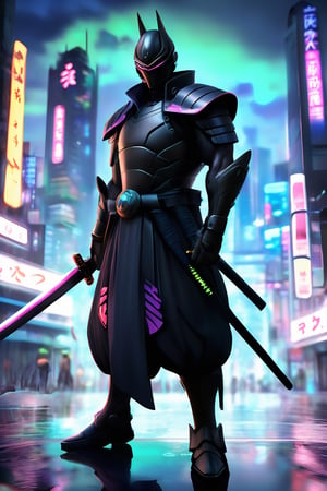 A captivating illustration of Kurogane, the Japanese black samurai, standing tall amidst the neon-lit streets of a futuristic, dystopian cityscape. His sleek ebony armor is adorned with neon accents, and he wields a plasma katana with expert precision. The background reveals a gritty urban landscape with towering skyscrapers and holographic advertisements. The overall atmosphere is a blend of cyberpunk and samurai aesthetics, with a sense of honor and justice prevailing in the face of chaos and uncertainty.
